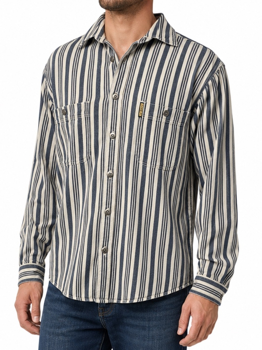 Giorgio Armani Mens Shirt 100% Cotton Casual Yacht Club Blue Beige Stripe Small